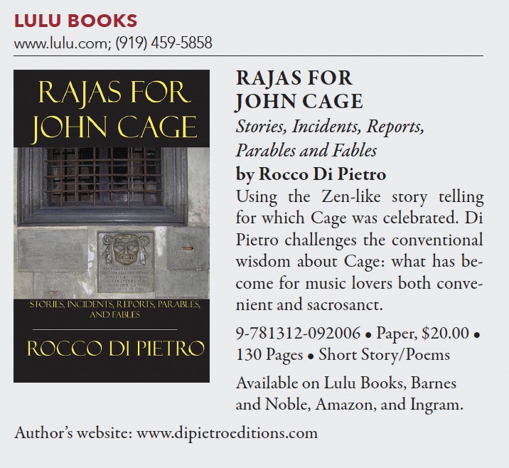 Book cover and info from Lulu Books for Rajas for John Cage by Rocco Di Pietro